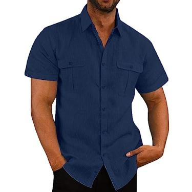 Imagem de Camisas de manga curta para homens verão outono gola alta linho férias básico blusas masculinas 2024 moda Y2K, P-040 azul-marinho, 5G