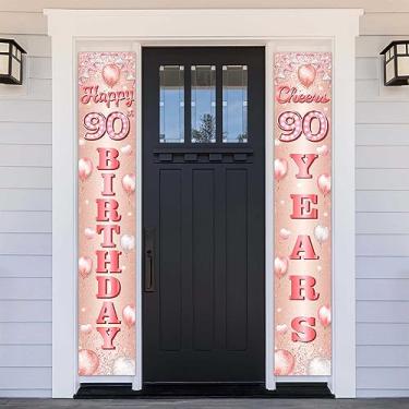 Imagem de Happy 90th Birthday Rose Gold Banner Backdrop Cheers to 90 Years Old Confetti Balloons Theme Decor for Women 90 Years Old Pink Birthday Party Decorações Bday Supplies Gift Background Favors Glitter