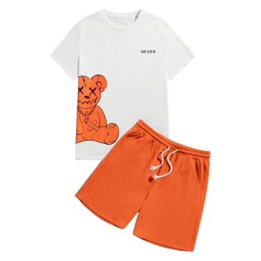 Imagem de GORGLITTER Camisetas masculinas com estampa gráfica de letras curtas e shorts casuais de duas peças, Urso de desenho animado laranja, M