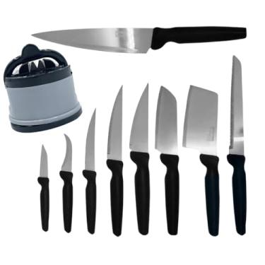 Imagem de Jogo de facas em aço inox com cabos anatômicos duráveis 9 peças e Amolador portátil com ventosa para afiar facas canivetes e tesouras com precisão segurança