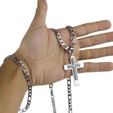 Imagem de kit corrente Masculina crucifixo Prata inox pai nosso aço original  + 