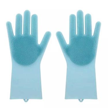Imagem de Luva Lava Loucas Azul Escova Silicone Caes Banho Limpeza - Abmidia