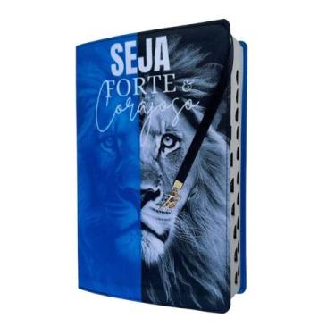 Imagem de Bíblia Azul Seja forte e corajoso com pingente fé  harpa e corinhos - 