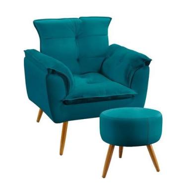 Imagem de Poltrona Opala com Puff Solar Suede Azul Turquesa Aradecor