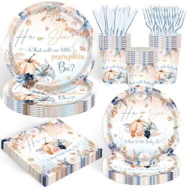 Imagem de 120 peças de outono abóbora revelação de gênero suprimentos de festa para meninos ou meninas outono chá de bebê rosa azul conjunto de talheres florais decoração de mesa bolo pratos descartáveis