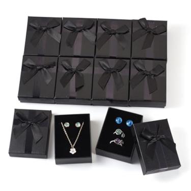 Imagem de Cheriswelry 12 peças caixa de joias preta retangular caixa de papelão colar pulseira brinco anel caixa de embrulho de presente 9 x 6,8 cm para decoração de aniversário, Natal, Dia dos Namorados,