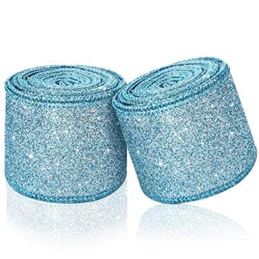 Imagem de Fita de Natal com 2 rolos, 20 jardas, fita de glitter metálica, borda com fio, fitas decorativas de tecido para embrulho de festa, decoração de casa, casamento, aniversário, artesanato, 6,3 cm (azul claro)