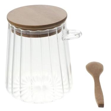 Imagem de hobbyme Recipiente de vidro de 595 g com tampa e colher de bambu, pote de vidro para acessórios de barra de café de açúcar (B)