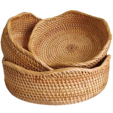 Imagem de Cesta de pão de vime, cesta de frutas tecida à mão, tigela de vime, cestas decorativas para organizar balcão de cozinha, conjunto de 3 (onda)