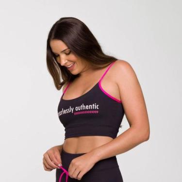 Imagem de Top Authentic Preto Poliamida com Estampa e Viés Rosa - LOT FITNESS CO