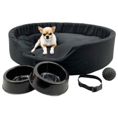 Imagem de Kit Pet Pequeno Cama Europa Potes Água Ração Coleira Bolinha - Supri P