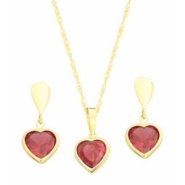 Imagem de Cordão 50cm Pingente Brincos Coração Vermelho Ouro 18k 750 - DG Presen