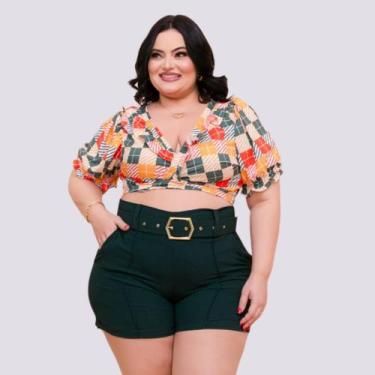 Imagem de Conjunto Plus Size Feminino Cropped Xadrez Short Cinto 0269 - Bellucy 