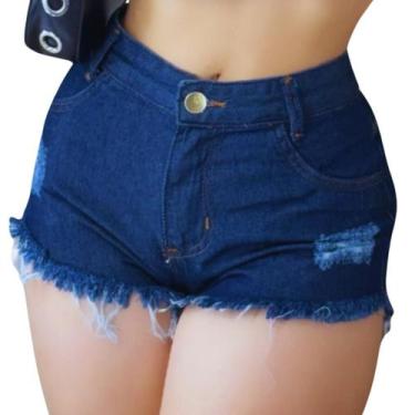 Imagem de Short Jeans Feminino Azul Escuro Cintura Alta Botão Dourado Zíper Ruíd
