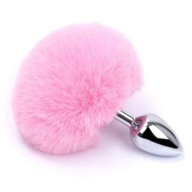Imagem de Plug Anal Pompom Tamanho P 7cm x 2,8cm em Aço Rabo de Coelho (ROSA)