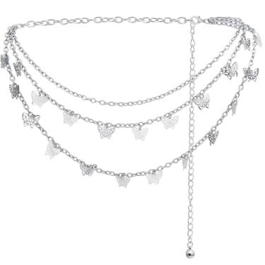 Imagem de Liutufy Correntes corporais femininas retrô multicamadas borboleta corrente de cintura tendência pingente oco decorativo, S: 41.3 in/105 cm, Metal, Sem Pedra Preciosa