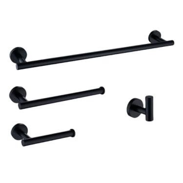 Imagem de Barra de toalha de mão de parede de aço inoxidável escovado, suporte para papel higiênico, ganchos para toalhas, acessórios para cozinha e banheiro, conjunto redondo, preto, 4 peças