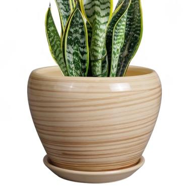 Imagem de Ceramicfor Vaso de cerâmica para uso interno/externo com orifício de drenagem e pires, vaso de flores moderno redondo para suculentas, casa, pátio - amarelo