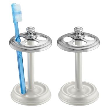 Imagem de Lixeira de plástico redonda pequena iDesign - Ideal para banheiro, quarto ou escritório - Conjunto de 2 suportes de escova de dentes rosa magenta, branco