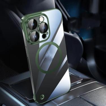 Imagem de Capa magnética sem moldura luxuosa revestida para iphone 14 13 15 pro plus max capa transparente de carregamento sem fio, verde militar, para iphone 13