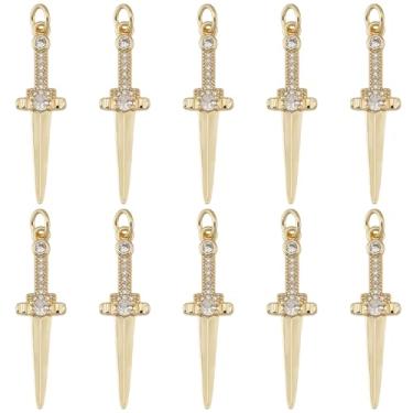Imagem de Beebeecraft 10 berloques de espada banhados a ouro 18 K de zircônia cúbica em forma de adaga pingentes pendentes para pulseira faça você mesmo para encontrar joias, Latão banhado a ouro 18K, Zircônia