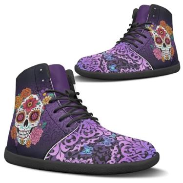 Imagem de GOSTONG Tênis unissex largo descalço para homens e mulheres, leve, antiderrapante, tênis casual de cano alto, sola preta, Caveira de flor mandala, 6 Wide