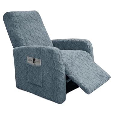 Imagem de GOSTADY Capa reclinável para cadeira reclinável, 4 peças, de jacquard de pelúcia, pequena capa reclinável para poltrona Lazyboy com bolso de armazenamento, protetor de móveis para sala de estar, azul