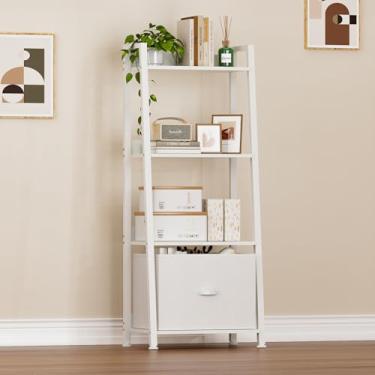 Imagem de RVHOME Prateleira de escada branca, prateleira de 4 camadas com gaveta, estante de metal de madeira de 122 cm de altura com moldura de aço, prateleira de exibição para sala de estar, escritório em