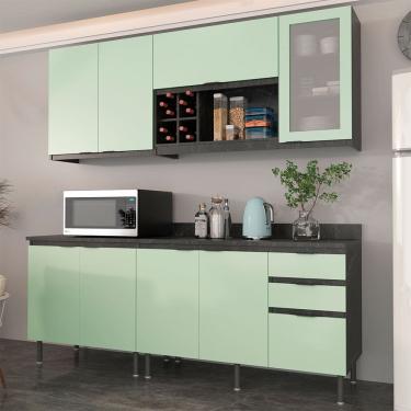 Imagem de Cozinha Compacta Azaleia CZ1200 200cm 04 Peças 08 Portas e 03 Gavetas com Divisor de Talheres Mármore Lunar Verde Mar Tecnomobili