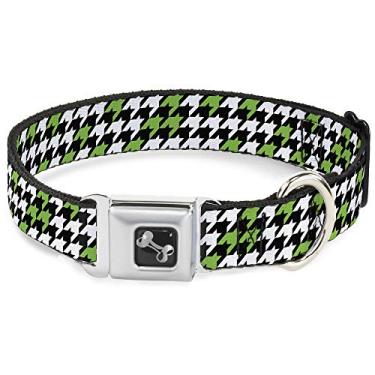 Imagem de Buckle-Down Coleira para cães com fivela de cinto de segurança - Houndstooth preto/branco/verde neon - 3,8 cm de largura - serve para pescoço de 40,6 a 58,4 cm - Médio