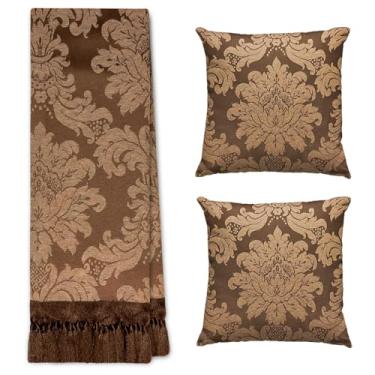 Imagem de Jogo Manta Xale para Sofá Artesanal com Franjas Grande 2,80 x 3,50 com 2 Capas de almofadas (18 MARROM E BEGE CARAMELO)
