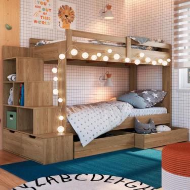 Imagem de Beliche 4 Gavetas com Escada Aveiro Oak - Completa Móveis, Marrom