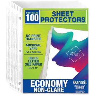Imagem de Samsill Pacote com 100 protetores de folha, protetores de página de 21 x 28 cm para fichário de 3 anéis, peso padrão, protetor sem brilho, tamanho carta, carregamento superior, sem ácido