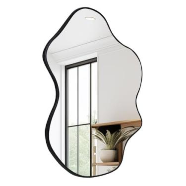 Imagem de CULER Espelho de parede de banheiro preto irregular, espelho de vidro temperado moderno de 61 x 91 cm assimétrico para quarto, sala de estar, entrada