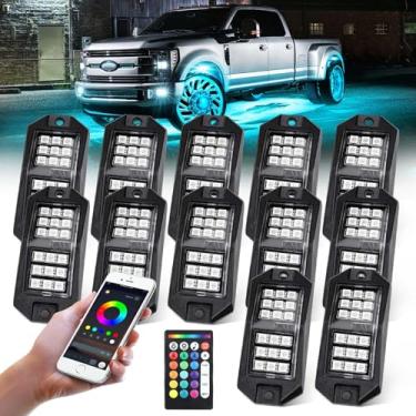 Imagem de 12 cápsulas de luzes de rock RGB para caminhões, aplicativo de várias cores de perseguição/controle remoto, luzes LED de rock com modo de música, kits de brilho para carros, Jeep UTV, SUV, ATV
