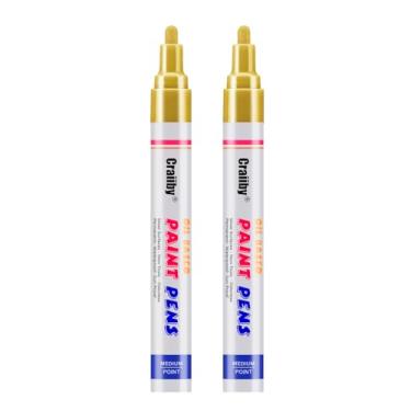 Imagem de Marcadores de tinta dourada, pacote com 2 canetas permanentes à base de óleo, à prova d'água, secagem rápida, para pintura de pedras, madeira, tecido, plástico, tela, vidro, canecas, metal, pneu