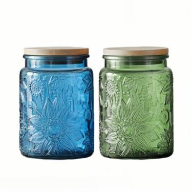 Imagem de ANSQU Conjunto de 2 potes de vidro vintage, potes de doces de 672 g com tampas, pote de vidro colorido vintage para potes decorativos de cozinha para biscoitos de café e chá, pote fofo (azul e verde)
