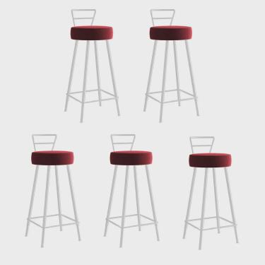 Imagem de Kit 05 Banqueta Alta Com Encosto Tina Eiffel Cozinha Bar Bistrô Ferro Branco Corino Vermelho - Ahz Móveis
