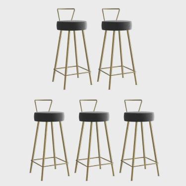 Imagem de Kit 05 Banqueta Alta Com Encosto Tais Eiffel Cozinha Bar Bistrô Ferro Dourado Suede Cinza - Ahz Móveis