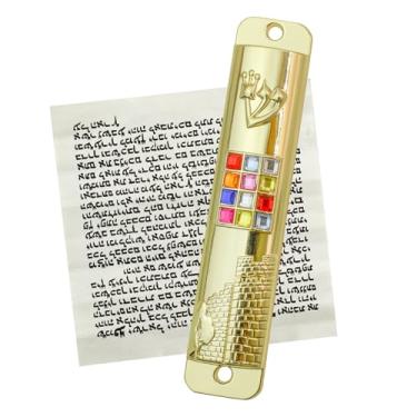 Imagem de MrMrKura Mezuzá com rolagem para porta, estojo de mezuzá de metal com 12 pedras Hoshen das tribos de Israel para bênção do lar hebraico, presentes judaicos, decoração de aquecimento de casas judaicas