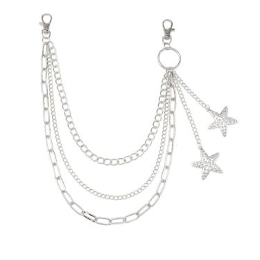 Imagem de Calça hip hop estrela do mar corrente jeans para mulheres e homens punk Y2k pingente de estrela oca em camadas calças cinto correntes prata declaração rock carteira bolso motociclista roupas chaveiro