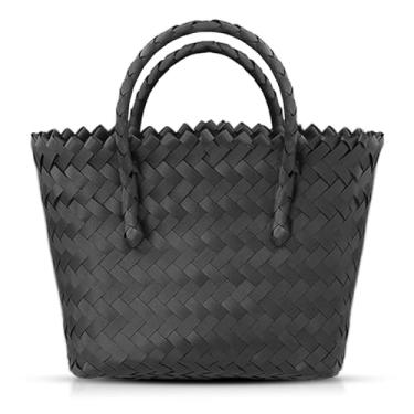 Imagem de QTKJ Sacola de palha, bolsa de praia de grande capacidade, bolsa quadrada boho cesta com bolsa de mão de bambu (preto)