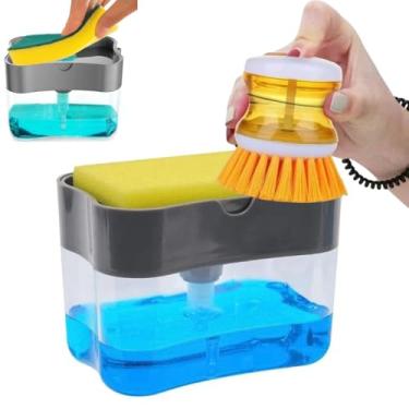 Imagem de Kit Dispenser de Detergente com Esponja e Escova de Limpeza com Dispenser Multiuso Para Cozinha Lava Louças