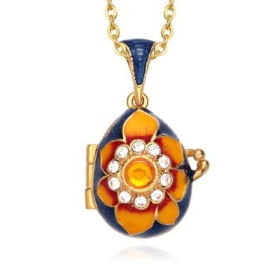 Imagem de EGGLEGANT Colar com pingente de ovo esmaltado de girassol de Páscoa, medalhão de coração, vermelho, azul, verde, Regular, Latão, Cristal