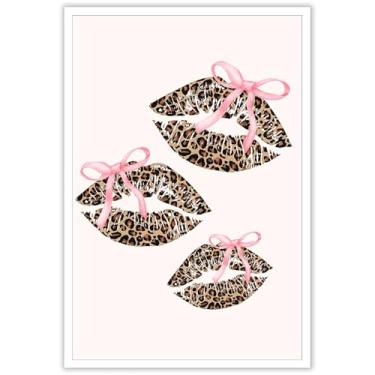 Imagem de Arte de parede de lábios de leopardo na moda coquete laço rosa pôsteres vintage quarto infantil impressão estética pintura para dormitório feminino decoração de parede de apartamento 30,5 x 40,6 cm