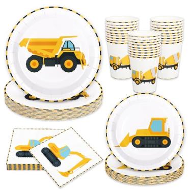 Imagem de Whaline 96Pcs Construction Party Tableware Dump Truck Paper Plate Napkin Cup Yellow Black Disposable Dinnerware Set for 24 Guests Birthday Party Table Decor