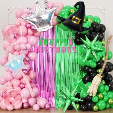 Imagem de JOGAMS 248pcs Pink and Green Party Decorations with Crown Iridescent Exploding Star Bubble Wizard Hats 260 Balloons Happy Birthday Banner Party Curtain for Princess Witch Themed Birthday Decoration