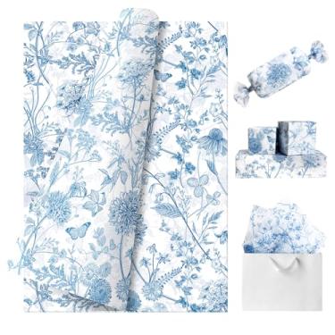 Imagem de 100 folhas de papel de seda floral azul chinoiserie papel de embrulho de presente floral 50 x 35 cm vintage azul branco embalagem a granel estampada para artesanato faça você mesmo chá de bebê