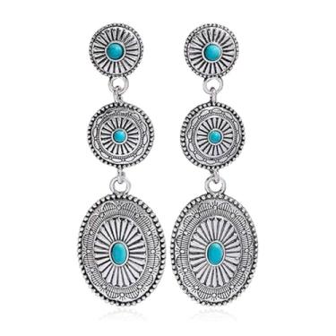 Imagem de Brincos femininos de moda ocidental, oval, turquesa, brincos de prata, vintage, estilo country ocidental, roupas de concerto para mulheres, joias de presente, Metal, Sem pedra preciosa