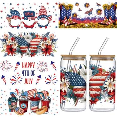Imagem de Adesivos UV DTF 4 de julho - 5 folhas azul vermelho patriótico UV DTF Cup Wraps para garrafa de água de vidro de 473 ml, adesivo de transferência de botas de borboleta anã engraçadas, faça você mesmo